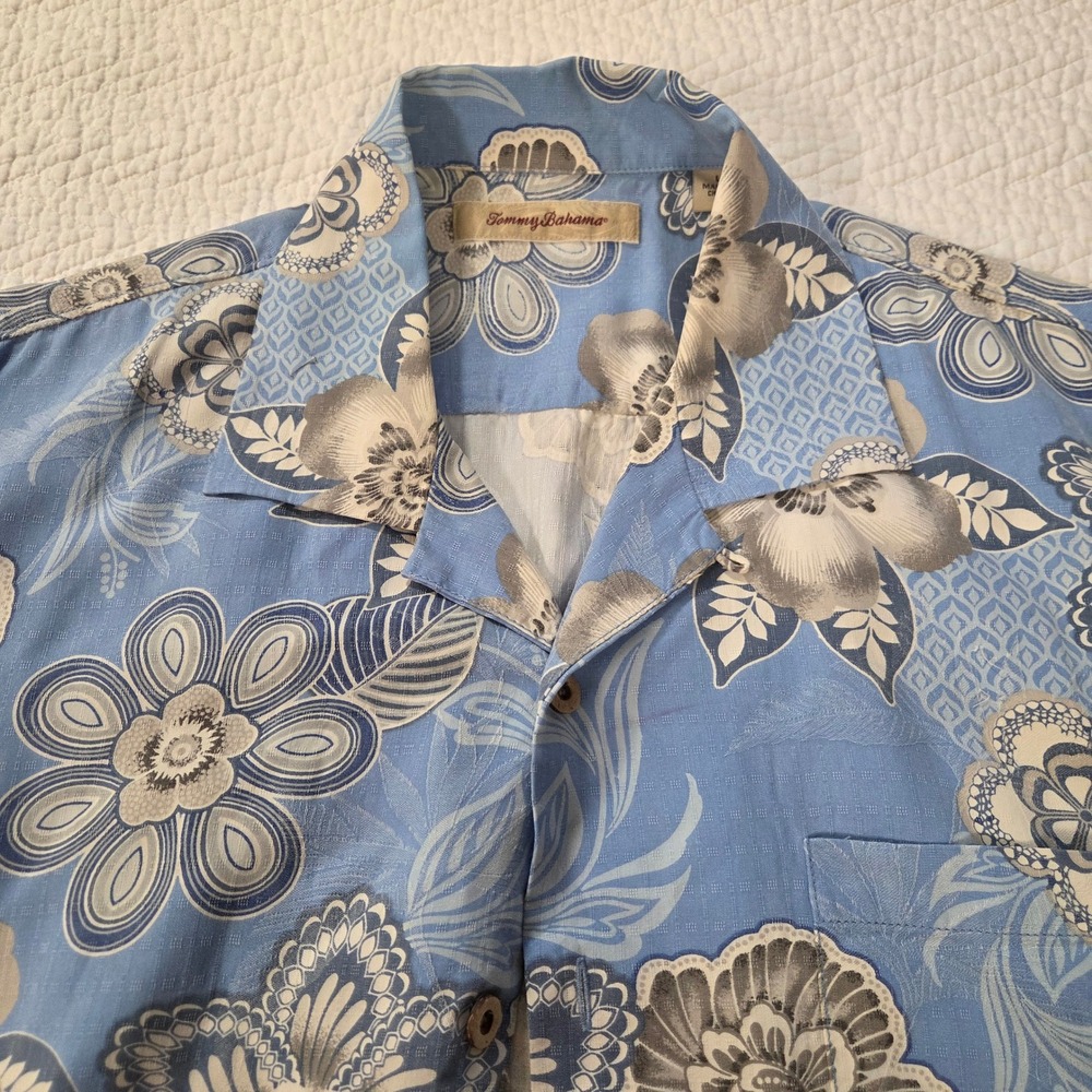 Tommy Bahama Mens Large Blue Silk Floral Hibiscus Hawaiian Camp‎ Shirt RN86549